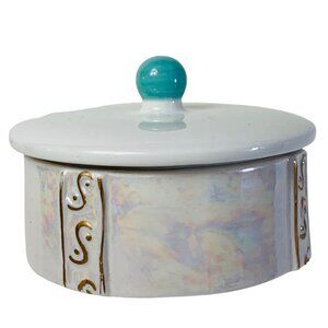 Iridescent Trinket Box Vanity Power Dish Lid Speckled Turquoise Knob Ceramic VTG